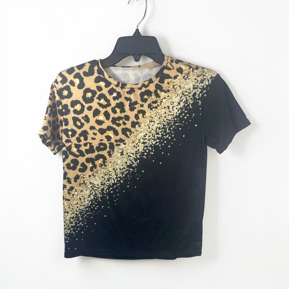 Leopard Print Gold Glitter Graphic Black Short Sleeve T-Shirt Top